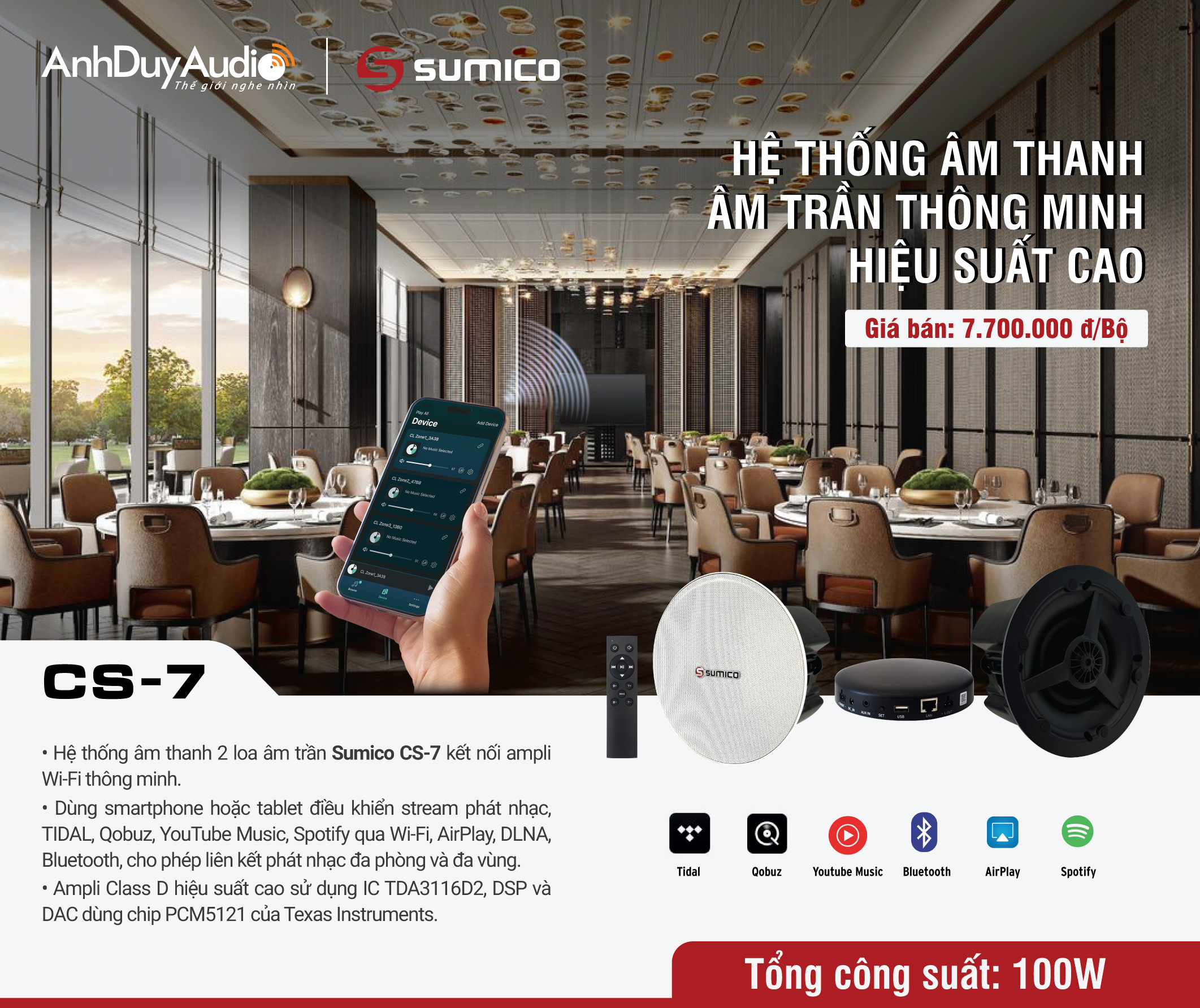 Hệ thống loa âm trần và ampli Wi-Fi Sumico CS-7 | Anh Duy Audio