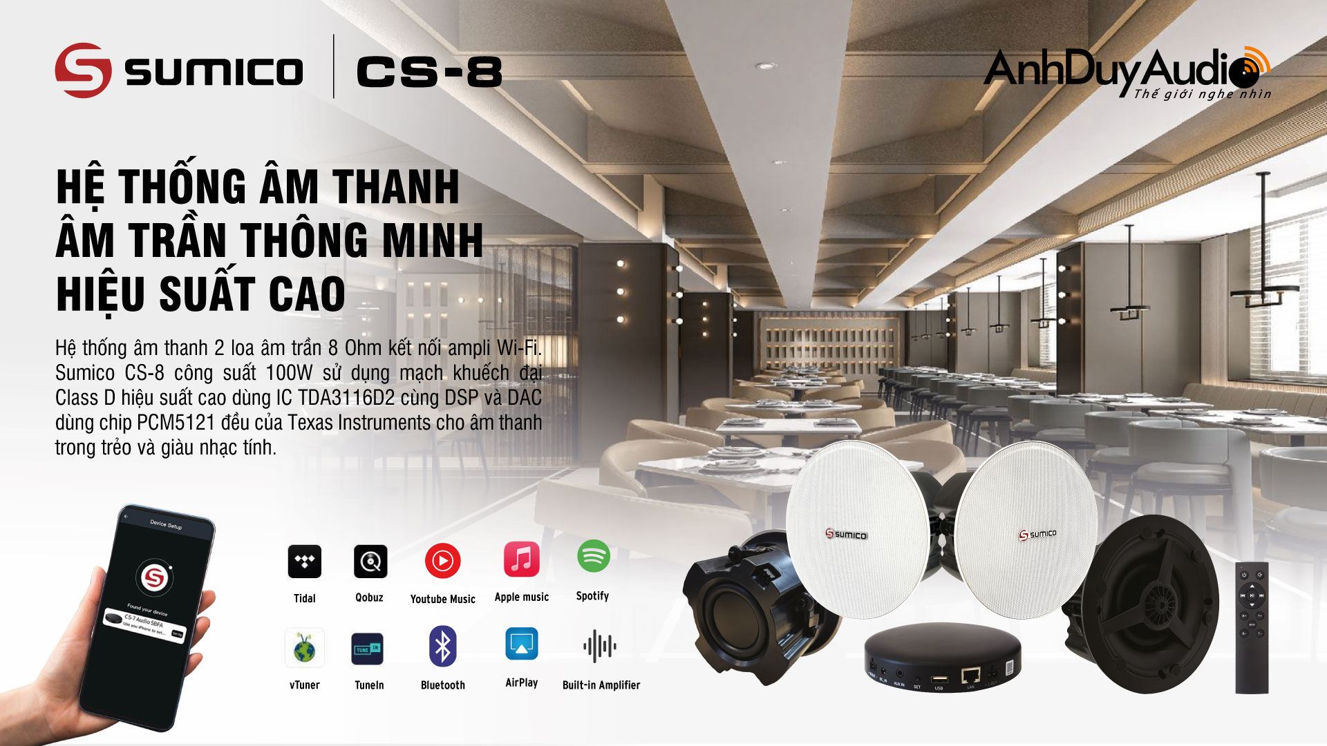 Hệ thống loa âm trần và ampli Wi-Fi Sumico CS-8 | Anh Duy Audio