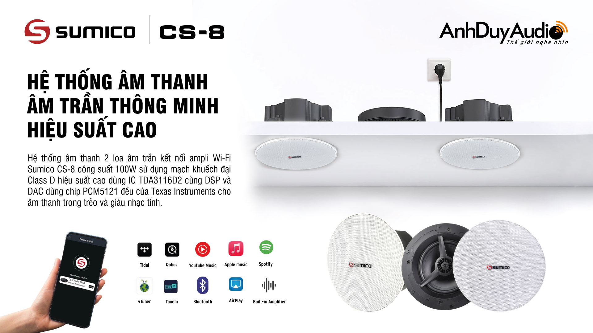 Hệ thống loa âm trần và ampli Wi-Fi Sumico CS-8 | Anh Duy Audio