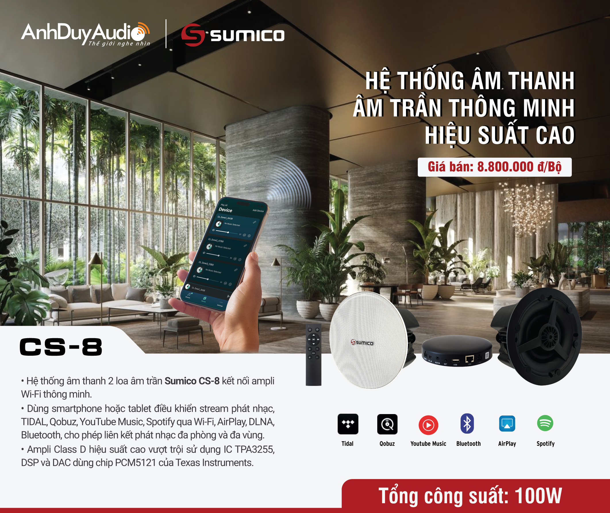 Hệ thống loa âm trần và ampli Wi-Fi Sumico CS-8 | Anh Duy Audio