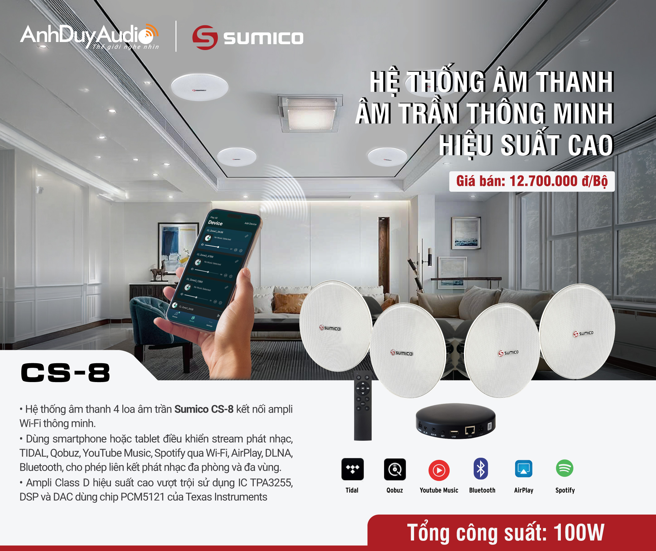 Hệ thống loa âm trần và ampli Wi-Fi Sumico CS-8 | Anh Duy Audio
