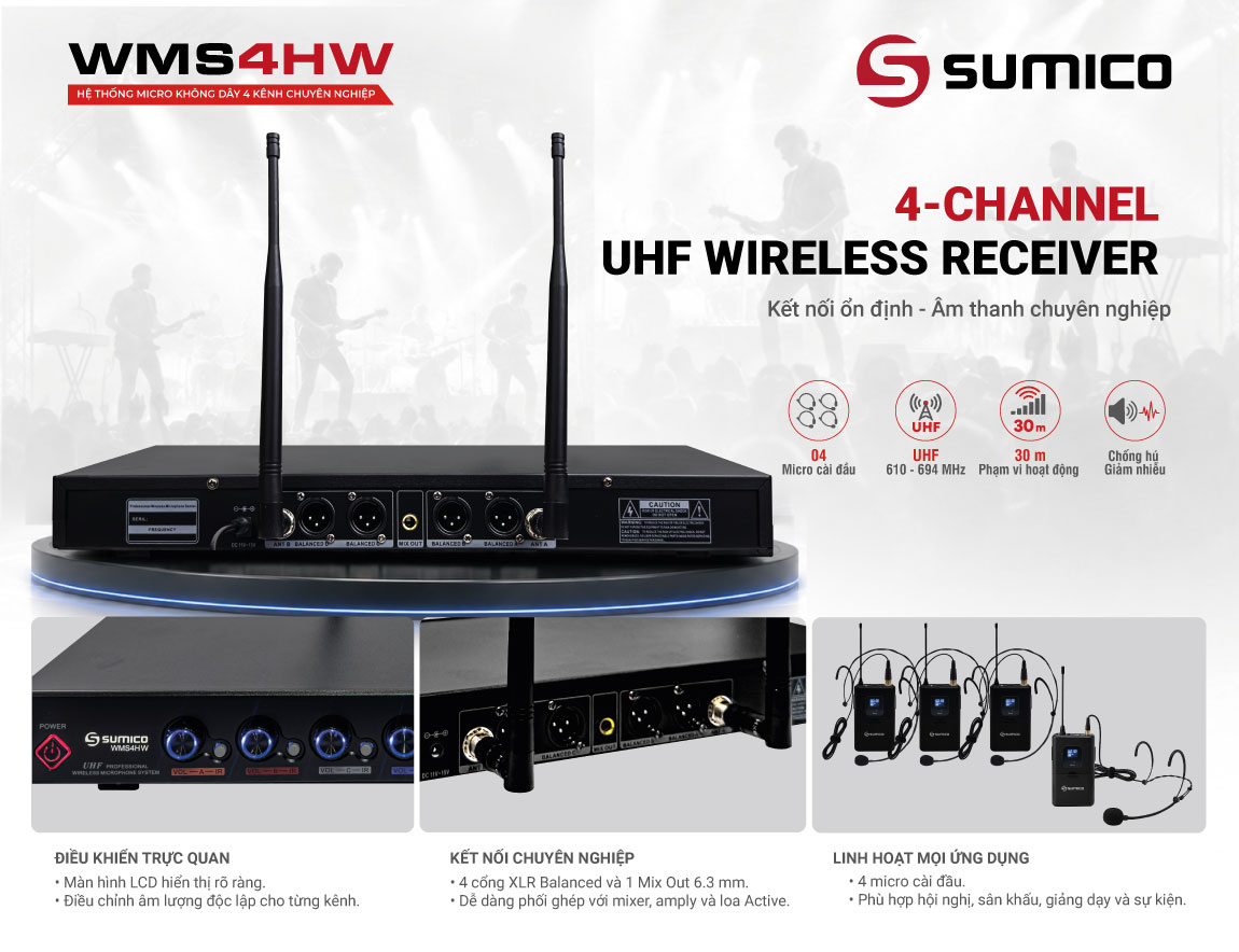 Micro cài đầu không dây 4 kênh Sumico WMS4HW | Anh Duy Audio