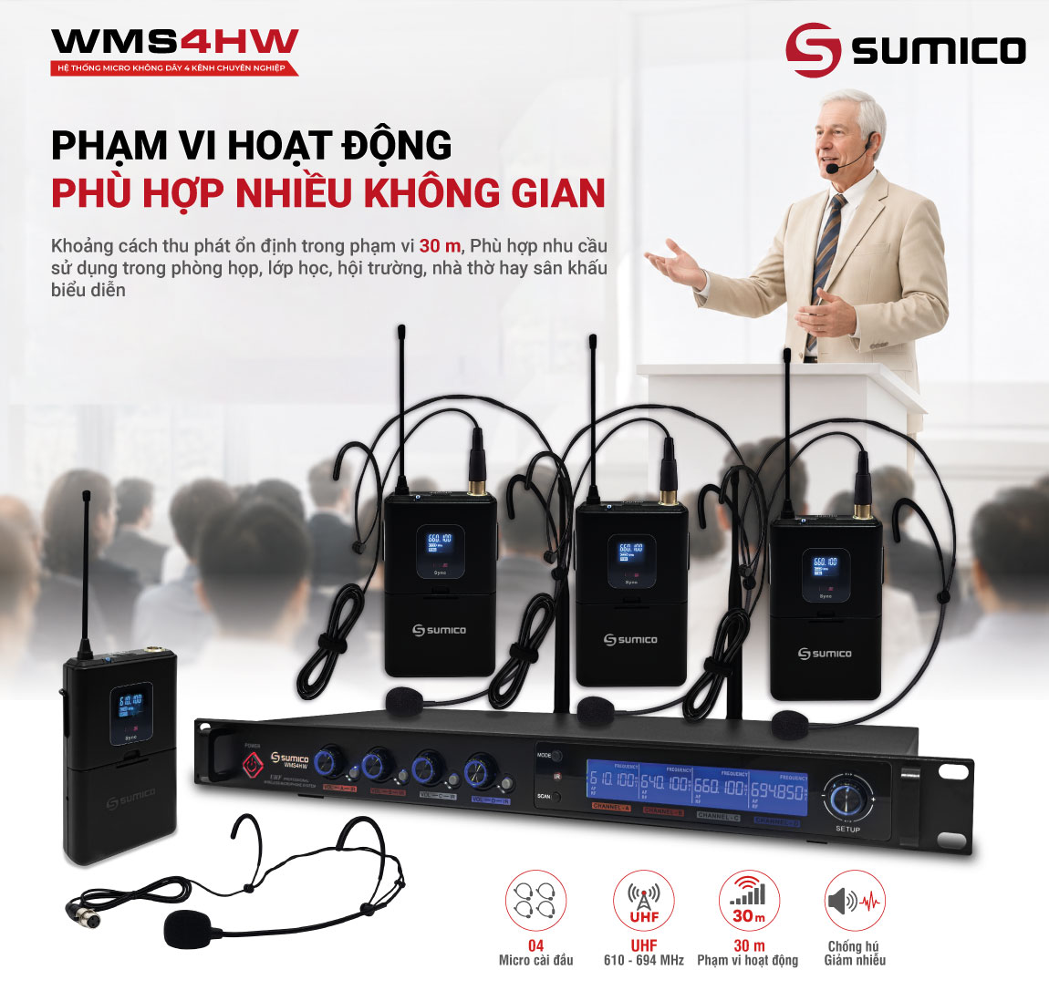 Micro cài đầu không dây 4 kênh Sumico WMS4HW | Anh Duy Audio